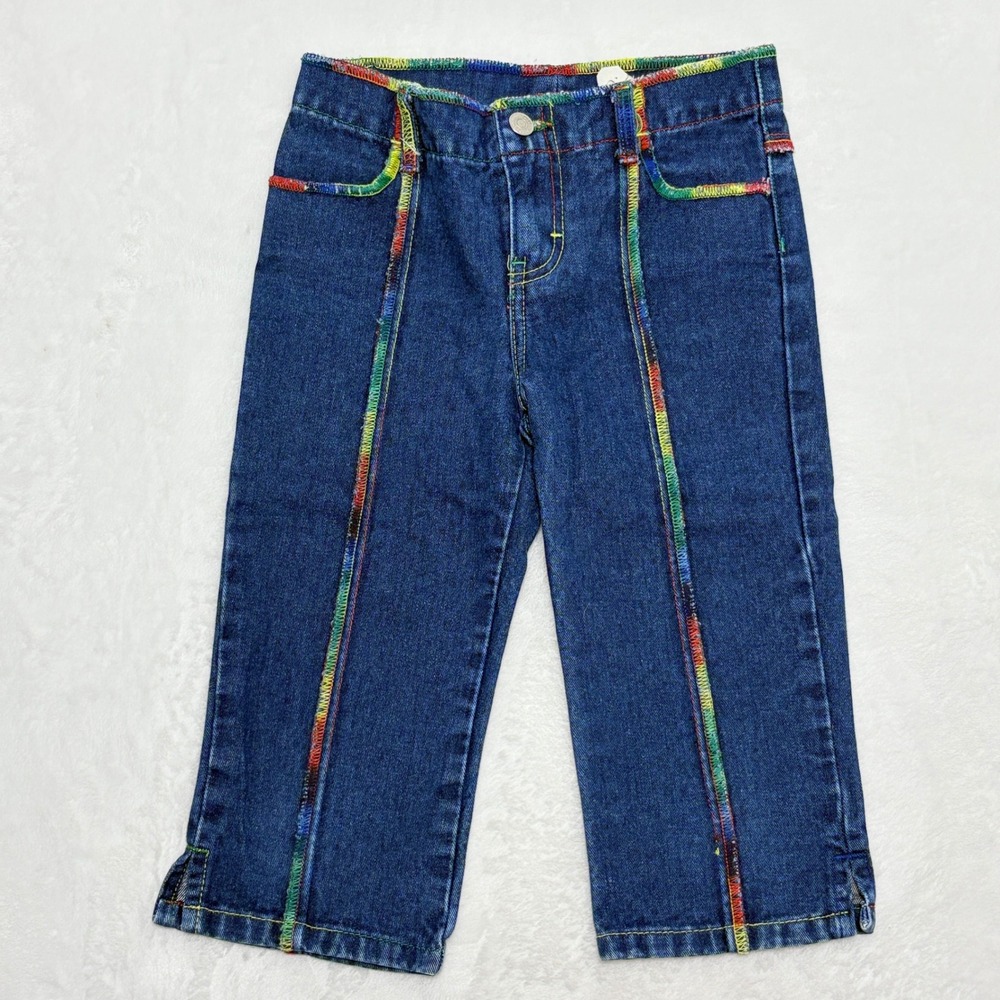 Jordache Girls Blue Denim Rainbow Contrast Stitch Capri Pants Size 7 Vintage